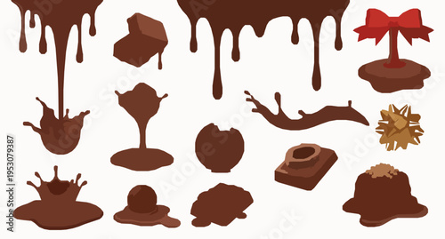 Chocolate Dessert Vector Set Liquid Splash Praline Candy Ribbon Elements