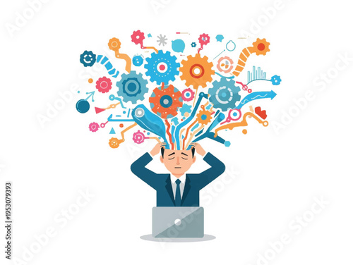 Overwhelmed businessman with exploding head and gears from laptop, symbolizing stress and overload of information, technology and mental health