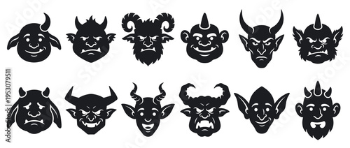 Twelve black silhouette monster and devil faces, each with unique horns, ears, and expressions, presented in a graphic, iconic vector style