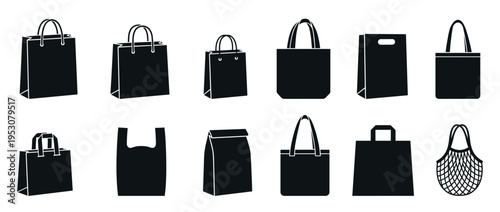 Diverse collection of black silhouette shopping bags, including paper, plastic, tote, and mesh designs, presented in a clean, iconic, and minimalist style
