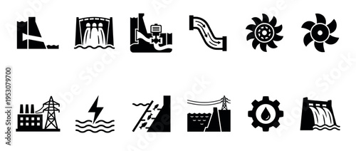 Collection of black silhouette hydroelectric power icons depicting dams, turbines, water flow, and energy generation symbols in a clean, graphic style