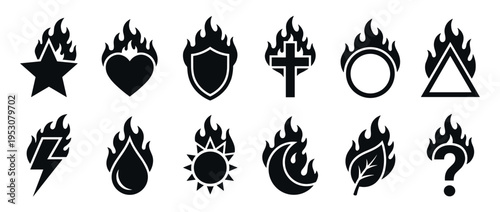 Twelve black silhouette icons depicting various symbols engulfed in stylized flames, presented in a graphic and symbolic vector illustration style