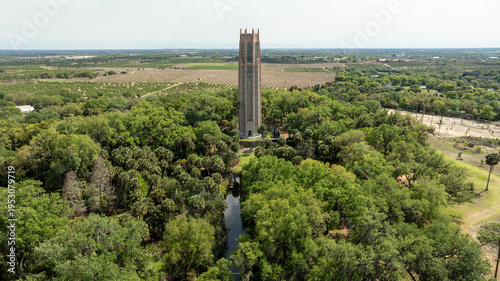 A scenic aerial view reveals the Bok Singing Tower in Central Florida.