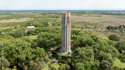 A cinematic aerial view of Bok Tower in Lake Wales.