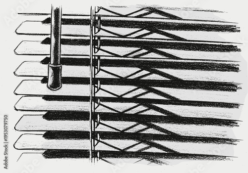 Abstract sketch of venetian blinds casting dramatic shadows on a light background