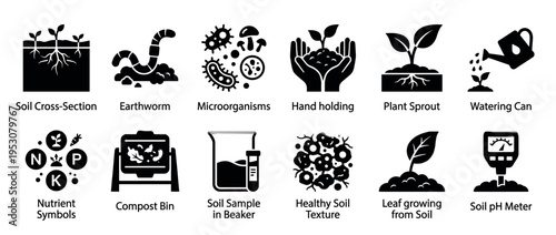 Twelve black and white soil and gardening icons illustrating various aspects of plant growth, soil health, and agricultural practices in a clean, graphic style