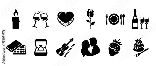 Collection of black silhouette icons representing romantic dates, special occasions, and love, featuring candles, champagne, roses, rings, and desserts in a clean, graphic style