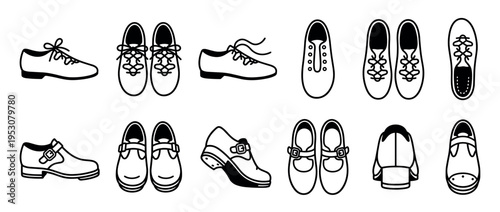 Various black outline Irish dance shoes are illustrated in a clean, simple line art style, showcasing different perspectives and traditional designs