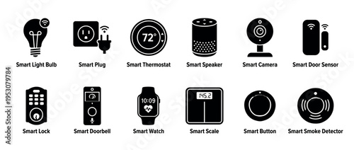 Twelve black and white smart home device icons, including a light bulb, plug, thermostat, speaker, camera, and lock, presented in a flat, minimalist style