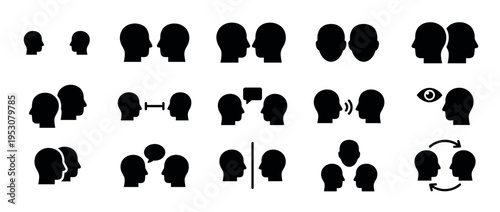 Black silhouette human head icons illustrating various social interactions and communication concepts in a clean, minimalist style