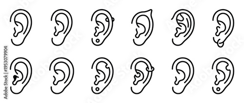 Twelve different human ear outline icons are displayed in a clean, minimalist line art style, showcasing various shapes and some with piercings