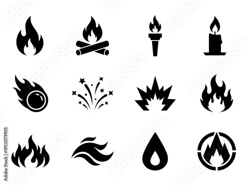 Black silhouette fire and heat icons are displayed in a grid, featuring various symbolic representations of flames, explosions, and energy in a flat, minimalist vector style