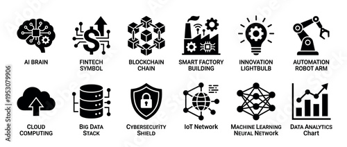 Twelve modern black technology icon set illustrating various digital, industrial, and data-related concepts in a clean, flat style