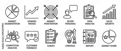 Twelve black outline business and marketing icons showcasing various concepts like market segmentation, data analysis, strategy, and sales growth in a clean, modern line art style