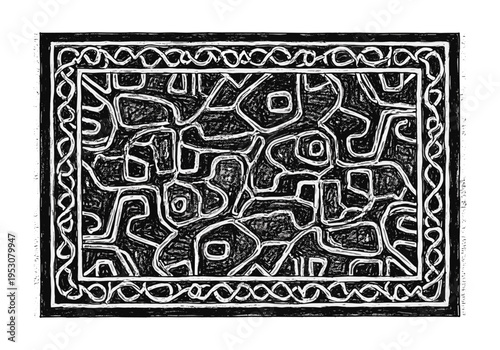 Abstract black and white rug with intricate maze-like pattern and decorative border