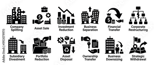 Ten black and white business icons illustrating various corporate restructuring, divestment, and reduction strategies, presented in a clean, modern, and symbolic graphic style