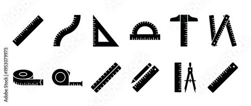 Various black silhouette measuring and drawing tools icons are neatly arranged, showcasing different instruments for precision and technical work in a clean, graphic style