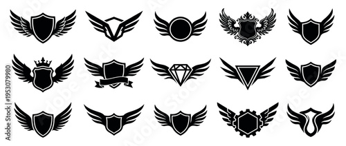 Fifteen black vector winged shield emblems and other heraldic designs, featuring crowns, diamonds, and gears, rendered in a bold graphic style