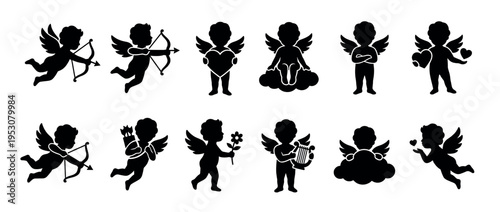 Collection of black cupid silhouettes in various romantic poses, featuring winged figures holding bows, arrows, hearts, flowers, and a lyre, depicted in a graphic, iconic style
