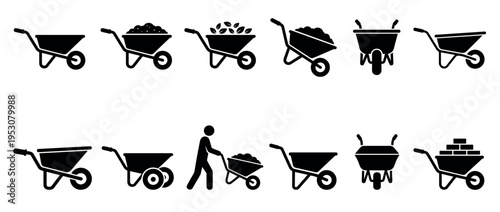 Black silhouette wheelbarrow icons illustrate various uses and perspectives, featuring empty carts, those filled with soil, leaves, or bricks, and a person pushing one