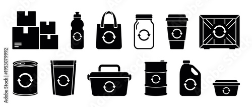 Various black silhouette recycling packaging icons, featuring a wide array of containers like boxes, bottles, bags, and jars, all displaying the universal recycling symbol in a clean, graphic style