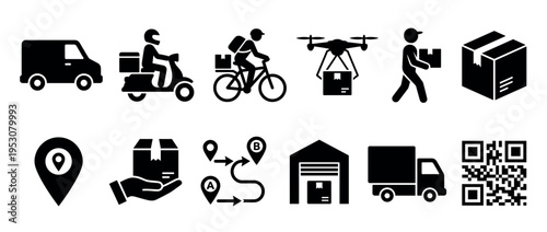 Comprehensive set of black silhouette delivery and logistics icons, illustrating various transportation methods, package handling, and tracking concepts in a modern, clean graphic style