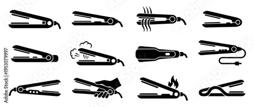 Black silhouette hair straightener icons illustrate various states of the styling tool, showing it open, closed, in use with hair, steaming, and with a power cord