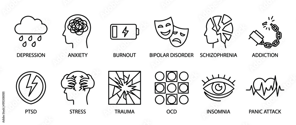 Fototapeta premium Twelve black outline icons representing various mental health conditions are arranged in a clear grid, illustrating common psychological disorders and emotional states with a clean, minimalist style