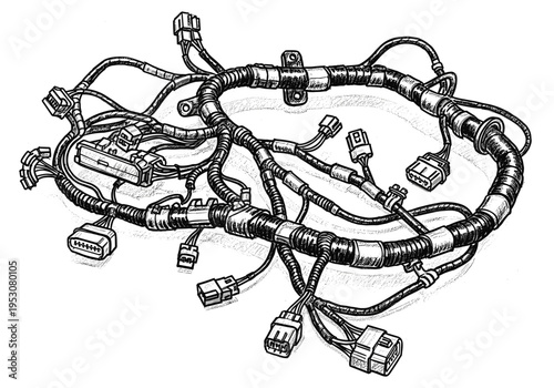 Detailed illustration of a complex automotive wiring harness with multiple connectors and a central junction box