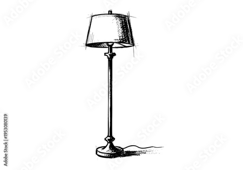 Elegant floor lamp sketch with a classic design and a subtle shadow on a white background