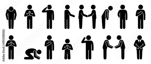 Black stick figures performing various greeting and respect gestures, including bowing, praying, saluting, shaking hands, and kneeling, presented as a clear pictogram set