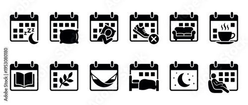 Ten black and white calendar icons illustrate various daily activities and relaxation concepts, presented in a clean, minimalist glyph style