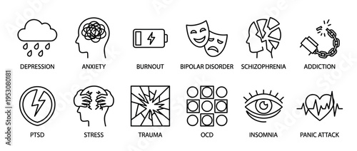 Twelve black outline icons representing various mental health conditions are arranged in a clear grid, illustrating common psychological disorders and emotional states with a clean, minimalist style