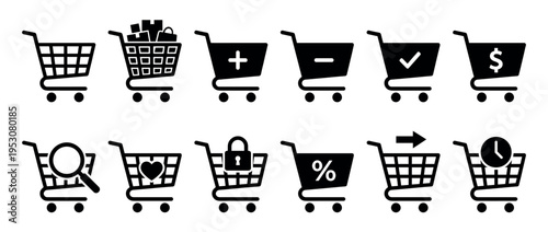 Collection of black shopping cart icons featuring various symbols for e-commerce, online shopping, and digital marketplace concepts, presented in a clean, modern vector graphic style