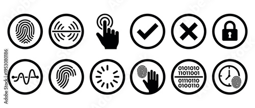 Black and white security icons illustrating biometric authentication, digital access, data protection, and verification processes in a clean, modern vector style