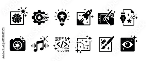 Collection of black glyph icons representing creativity, innovation, and digital concepts, each stylized with sparkling stars, presented in a clean, modern graphic style