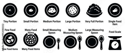 Comprehensive set of food portion and measuring icons depicting various serving sizes, spoons, and a kitchen scale in a clean, graphic style