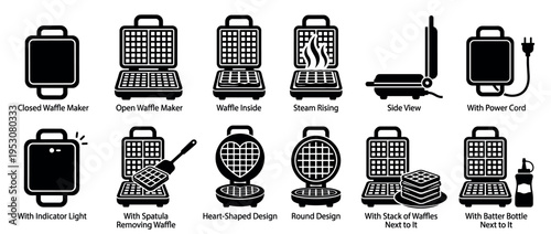 Twelve black and white waffle maker icons illustrate various designs, states, and accessories for breakfast cooking, presented in a clean vector style