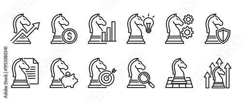 Twelve black outline chess knight icons representing business strategy, financial growth, and analytical concepts, rendered in a clean line art style