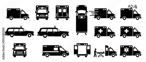 Various black silhouette ambulance and emergency vehicle icons are shown from various angles, with medical crosses, Star of Life symbols, and motion lines, presented in a graphic, minimalist style