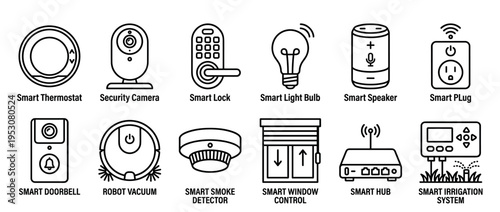 Twelve black outline smart home device icons illustrating modern connected technology and internet of things concepts in a clean, minimalist line art style