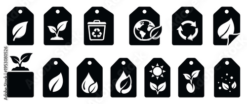 Twelve black tags with white environmental icons, including leaves, recycling symbols, and plants, presented in a clean, graphic, and modern vector style