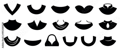 Fifteen diverse black silhouette clothing neckline icons are neatly arranged, showcasing various garment collar and top styles in a clean, graphic, and minimalist design