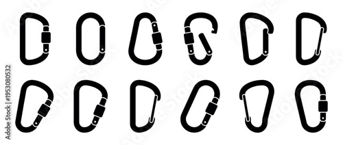 Twelve black silhouette carabiner icons with various gate designs, including screw and spring-loaded mechanisms, presented in a clean, minimalist, and iconic vector style