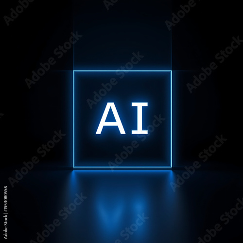 A glowing blue cube with the letters AI in a dark room