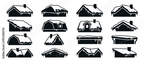 Sixteen black silhouette house roofs with snow and icicles, featuring various architectural styles and winter weather elements in a graphic vector illustration