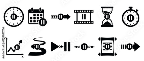Collection of black glyph pause icons representing various concepts of stopping, breaking, or holding actions, presented in a clean, graphic style