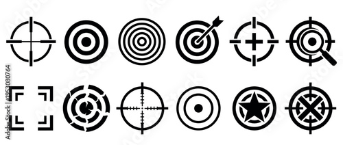 Twelve black and white target and crosshair icons are displayed in a graphic collection, featuring various aiming reticles, bullseyes, and focus symbols in a clean, minimalist style