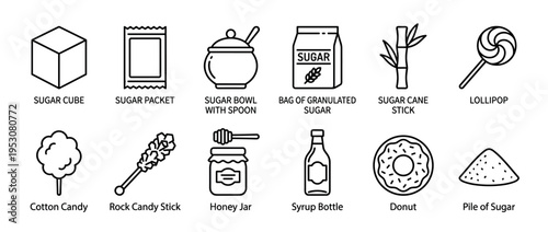 Various black outline icons depicting sugar and sweet items like cubes, packets, candy, honey, and donuts in a minimalist line art style