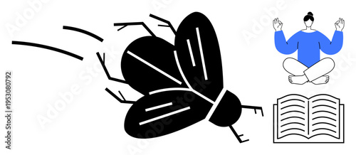 Mindfulness, education, nature, self-discovery, relaxation, peaceful living. Minimalist illustration of a flying insect, meditating person and an open book. Mindfulness and education concept